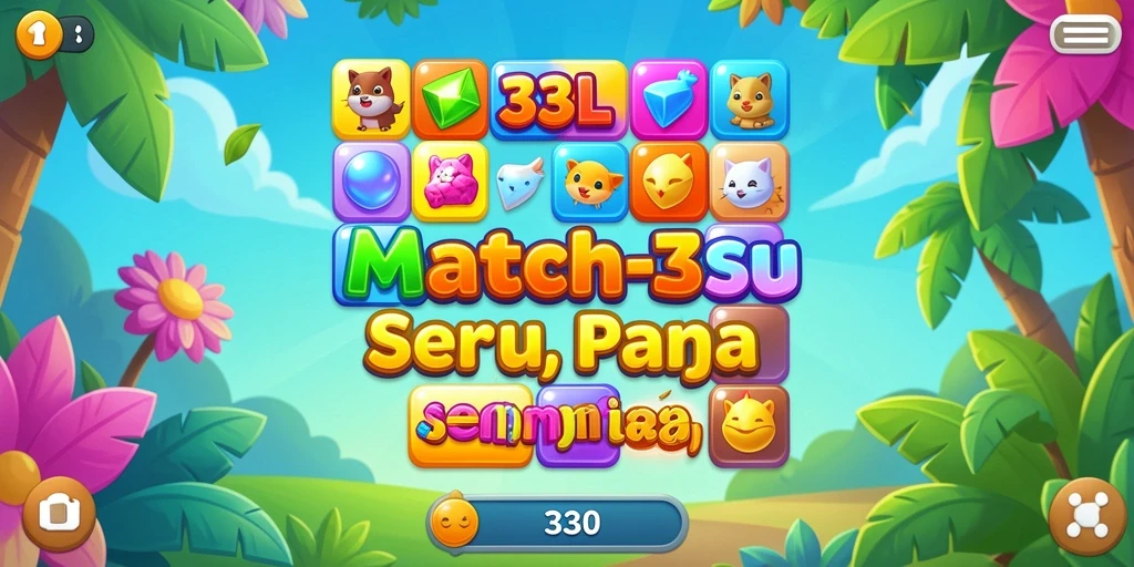 Screenshot gameplay 33L menunjukkan kombinasi warna yang cerah dan tantangan Match-3.