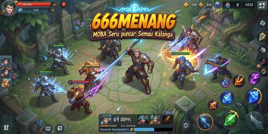 Gameplay seru dalam 666MENANG yang menampilkan pertarungan tim MOBA.