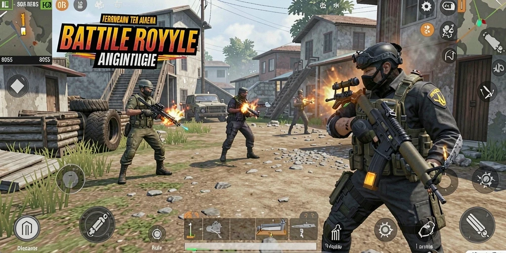 Screenshot menunjukkan aksi seru dalam game Battle Royale.