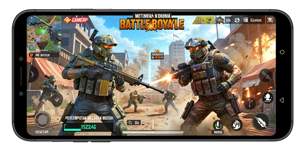 Tampilan gameplay GAMERP yang mendebarkan dalam pertempuran Battle Royale.