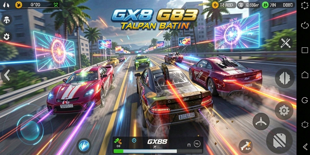 Tampilan gameplay balapan seru di GX88 dengan mobil-mobil keren.
