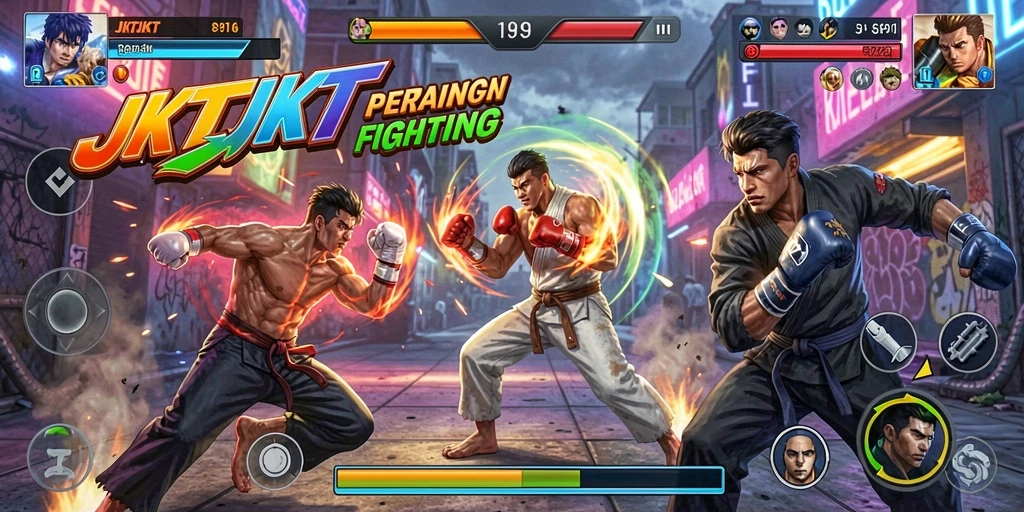 Screenshot utama JKTJKT menampilkan pertarungan epik dengan karakter gahar.