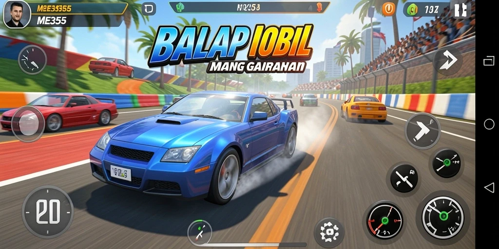 Tampilan gameplay ME355 menampilkan aksi balapan yang seru.