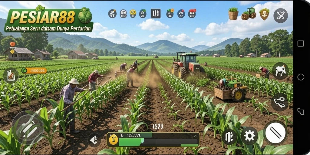 Tangkapan layar gameplay PESIAR88 yang menunjukkan petani sedang bekerja di ladang.