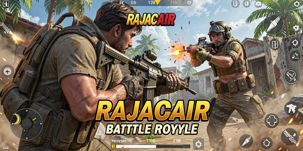 Screenshot menampilkan pertarungan seru di RAJACAIR dengan gameplay Battle Royale.