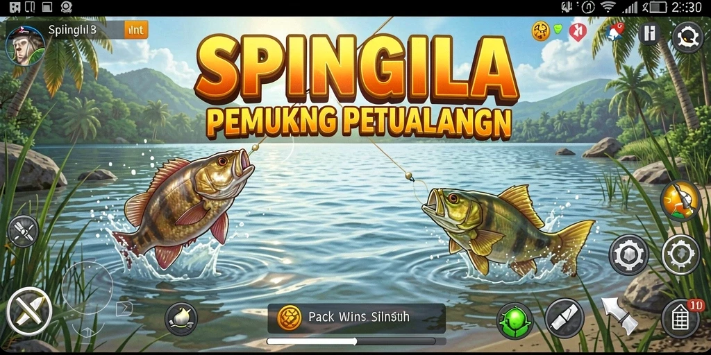Tampilan gameplay SPINGILA dengan aksi memancing yang mendebarkan.