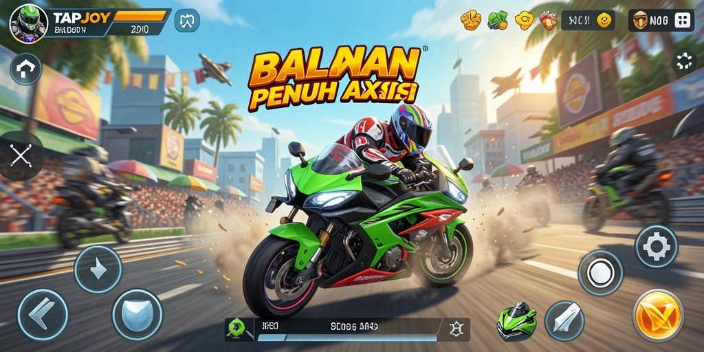 Screenshot TAPJOY memperlihatkan aksi balapan motor yang mendebarkan.