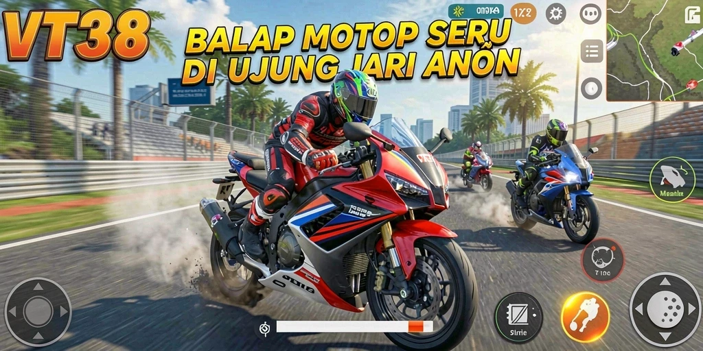 Tampilan gameplay seru dan mendebarkan di VT38 saat balapan.